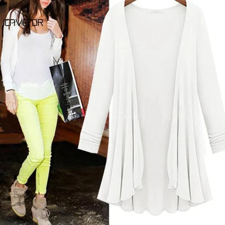 Versatile women's ruffle knit cardigan, open front & long sleeve, for elegant casual or smart layering.