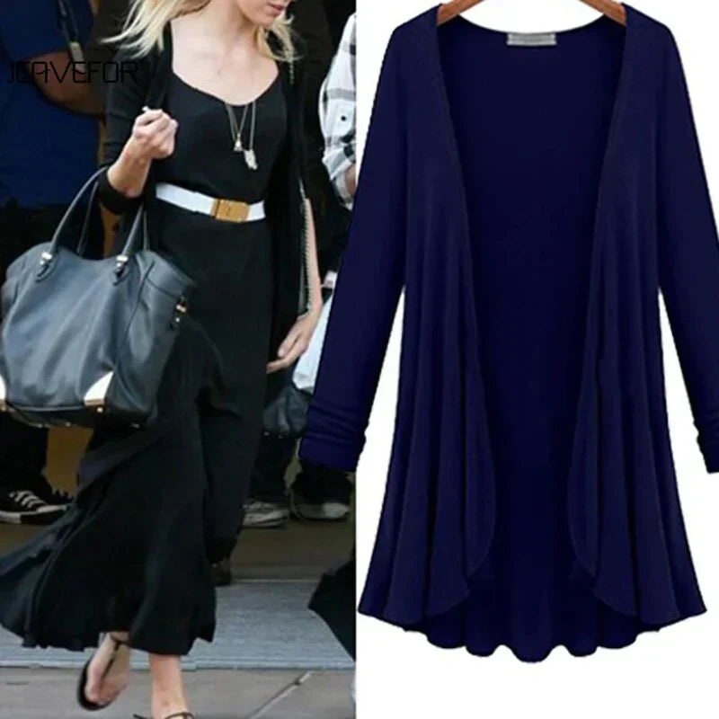 Chic women's knit cardigan with subtle ruffle detailing, v-neck, and open front, great for year-round style.