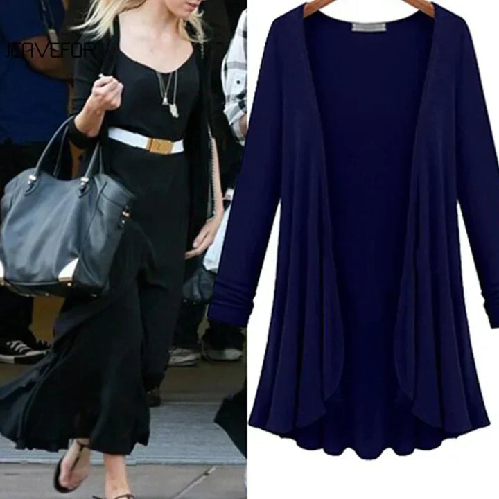 Chic women's knit cardigan with subtle ruffle detailing, v-neck, and open front, great for year-round style.