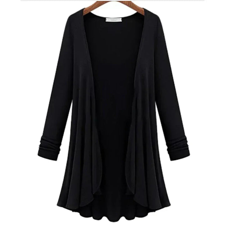 Women's elegant ruffle knit cardigan, an essential outerwear piece for stylish layering in any season.