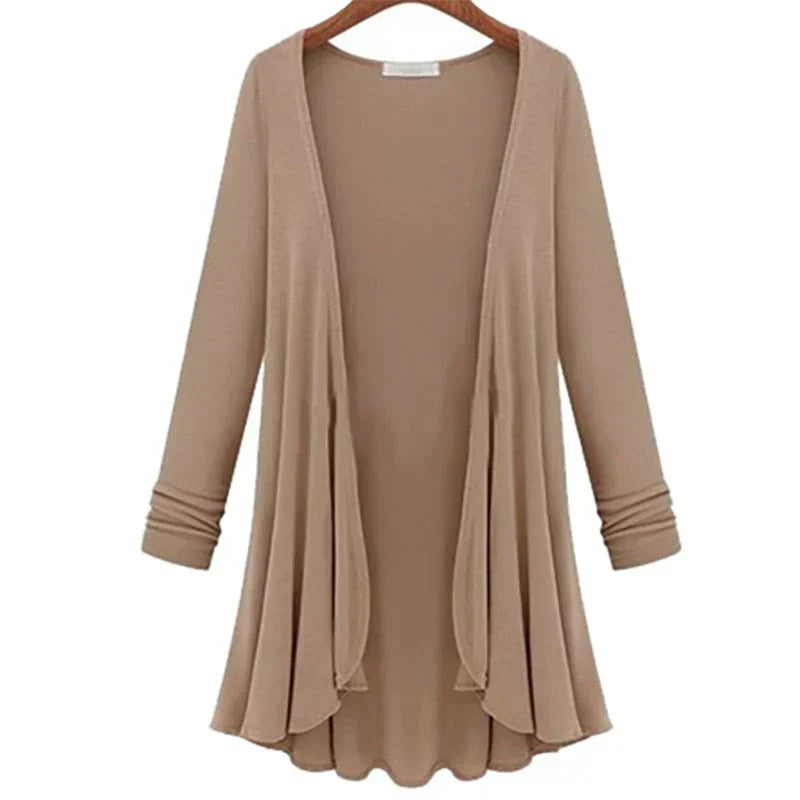 Women's elegant ruffle knit cardigan, open front long sleeve, perfect for casual or dressed-up looks.