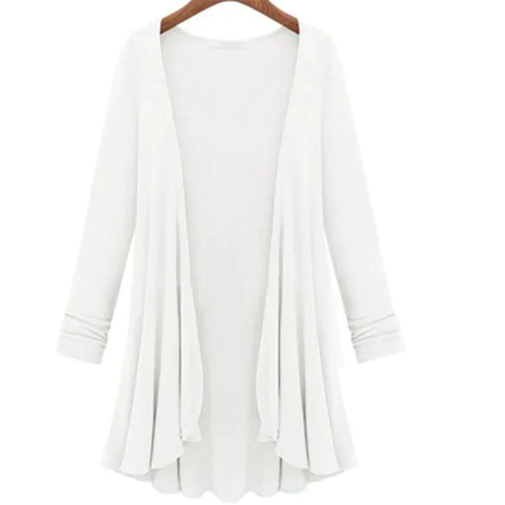 Fall/spring women's knit cardigan with stylish ruffles, an open front, and cozy long sleeves for layering.