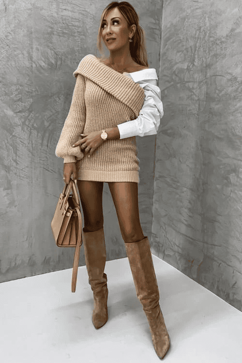 Elegant V-neck women's knitted midi shirt dress. Long sleeves, attached shirt detail, perfect for autumn/winter layering.