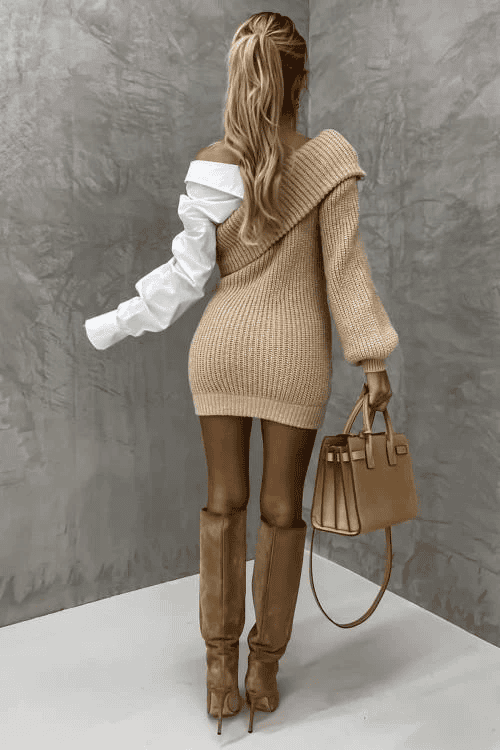 Unique women's elegant knitted shirt midi dress. Long sleeve V-neck for autumn winter fashion. Features layered style.