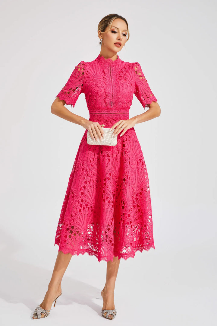 Chic scoop neck lace midi dress for women, ideal for wedding guests & summer events.