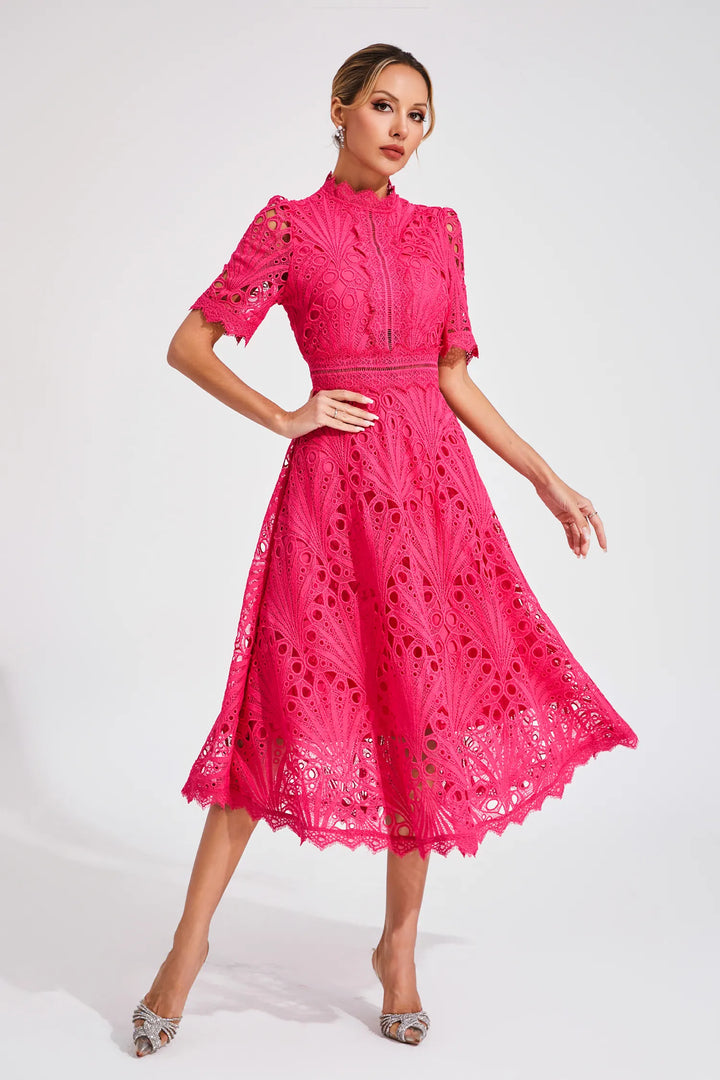 Sophisticated women's formal midi dress with delicate lace detailing, event attire.