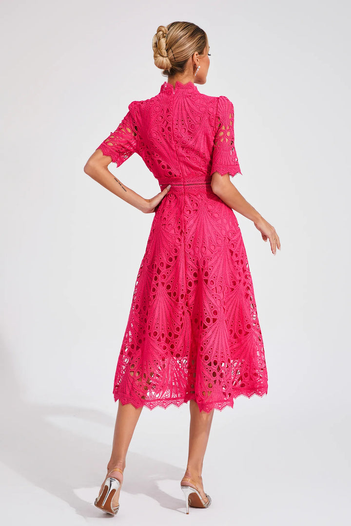 Graceful women's scoop neck lace midi dress, elegant formal wear for parties.