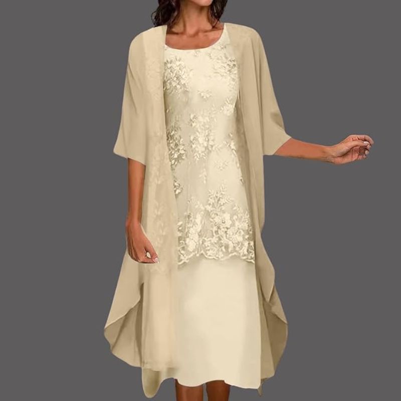 Elegant women's lace overlay two-piece midi dress, perfect for formal events & wedding guests