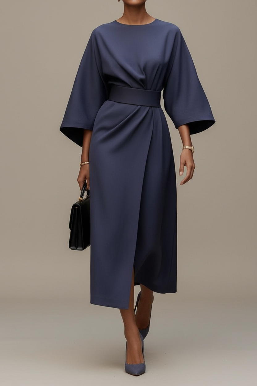 Elegant women's lantern sleeve midi dress for special occasions, formal events.