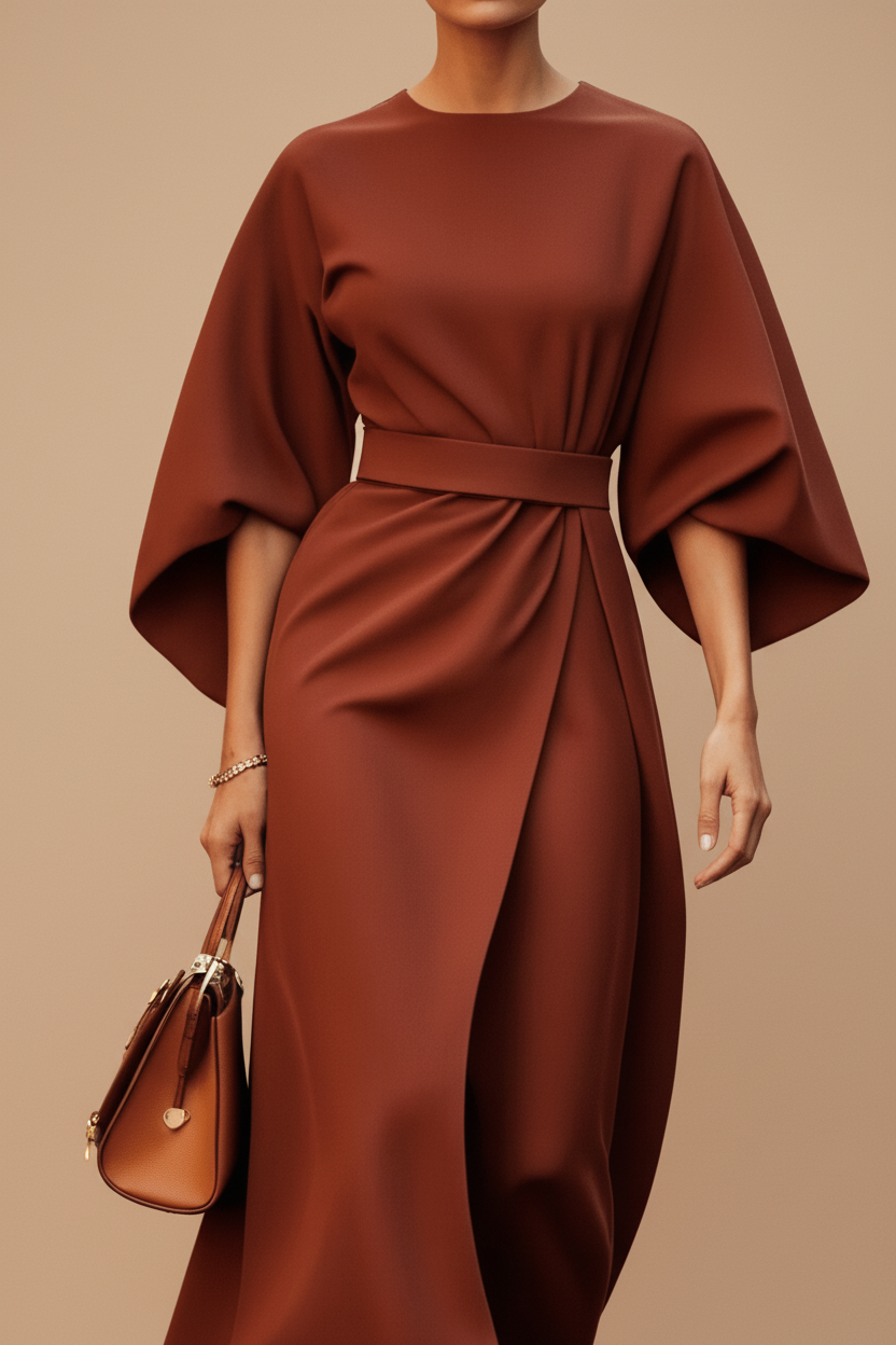 Women's evening midi dress with distinctive lantern sleeves, suitable for parties.