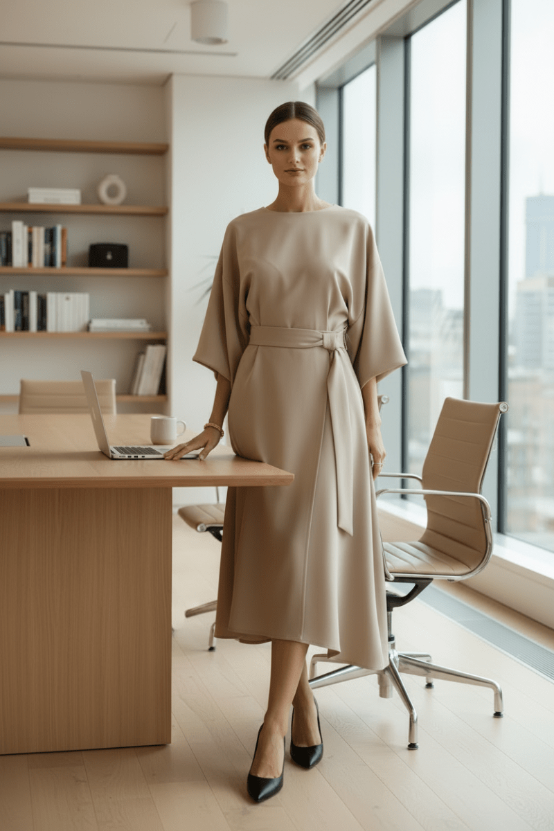 Formal women's long sleeve midi dress with elegant lantern sleeves, ideal for wedding guests.