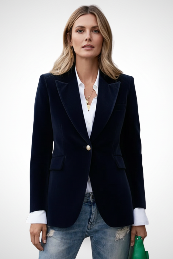 Fashionable women's long-sleeve blazer with lapels & one button, an elegant addition for business casual or events.