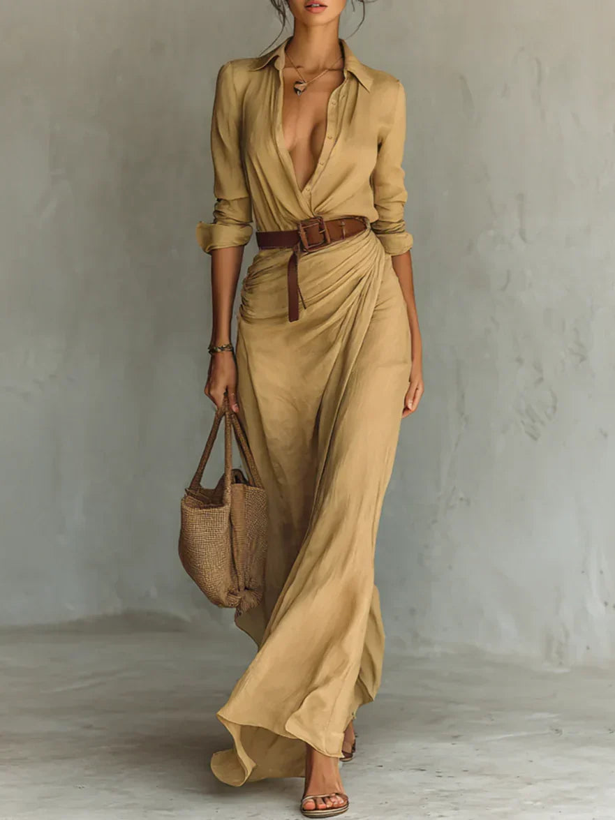 Elegant women's lapel long sleeve belted maxi dress, perfect for sophisticated evening wear or formal events.