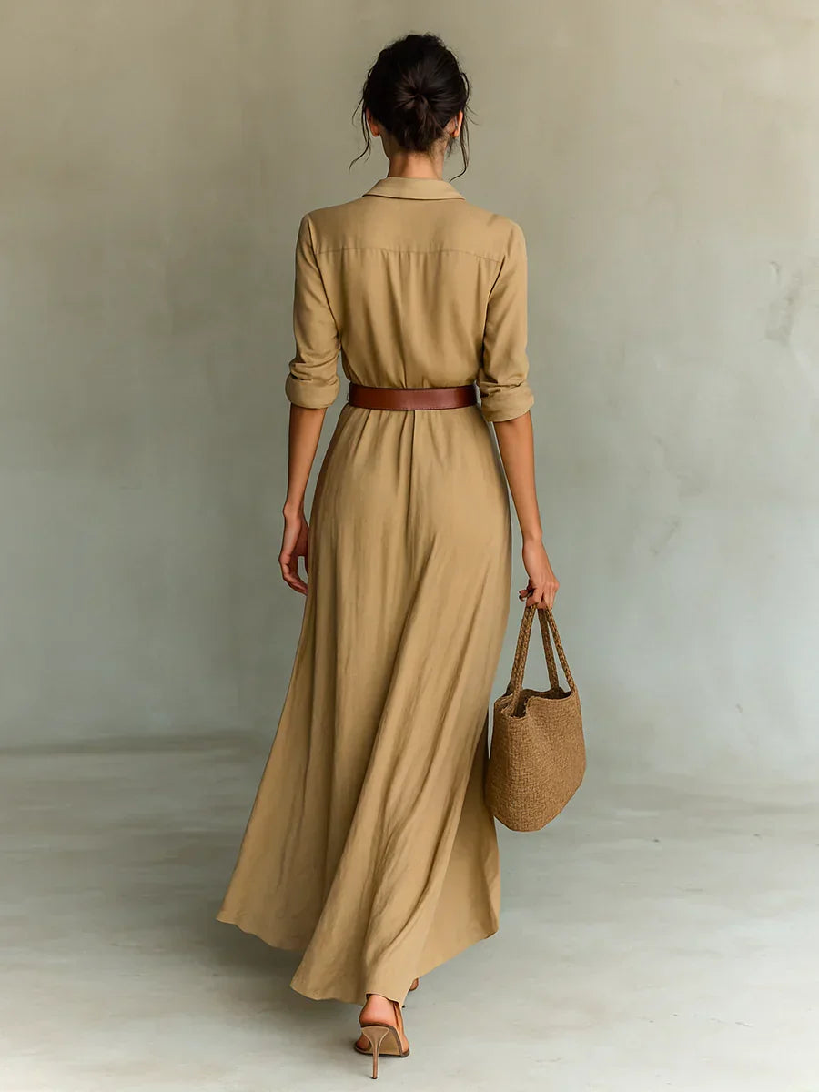 Chic women's lapel long sleeve maxi dress, featuring a flattering belt for an elegant and sophisticated look.