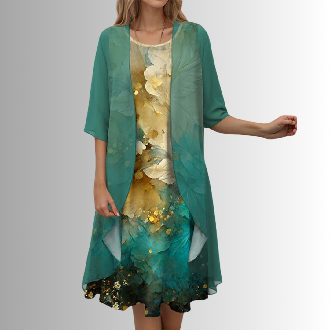 Women's comfortable layered midi dress & duster set. Perfect elegant fashion for special occasions.