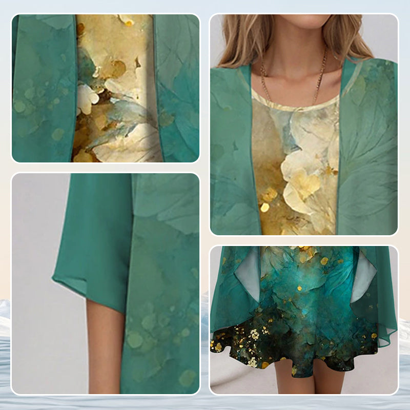 Women's elegant floral print midi dress with layered open front duster. Perfect for special events.