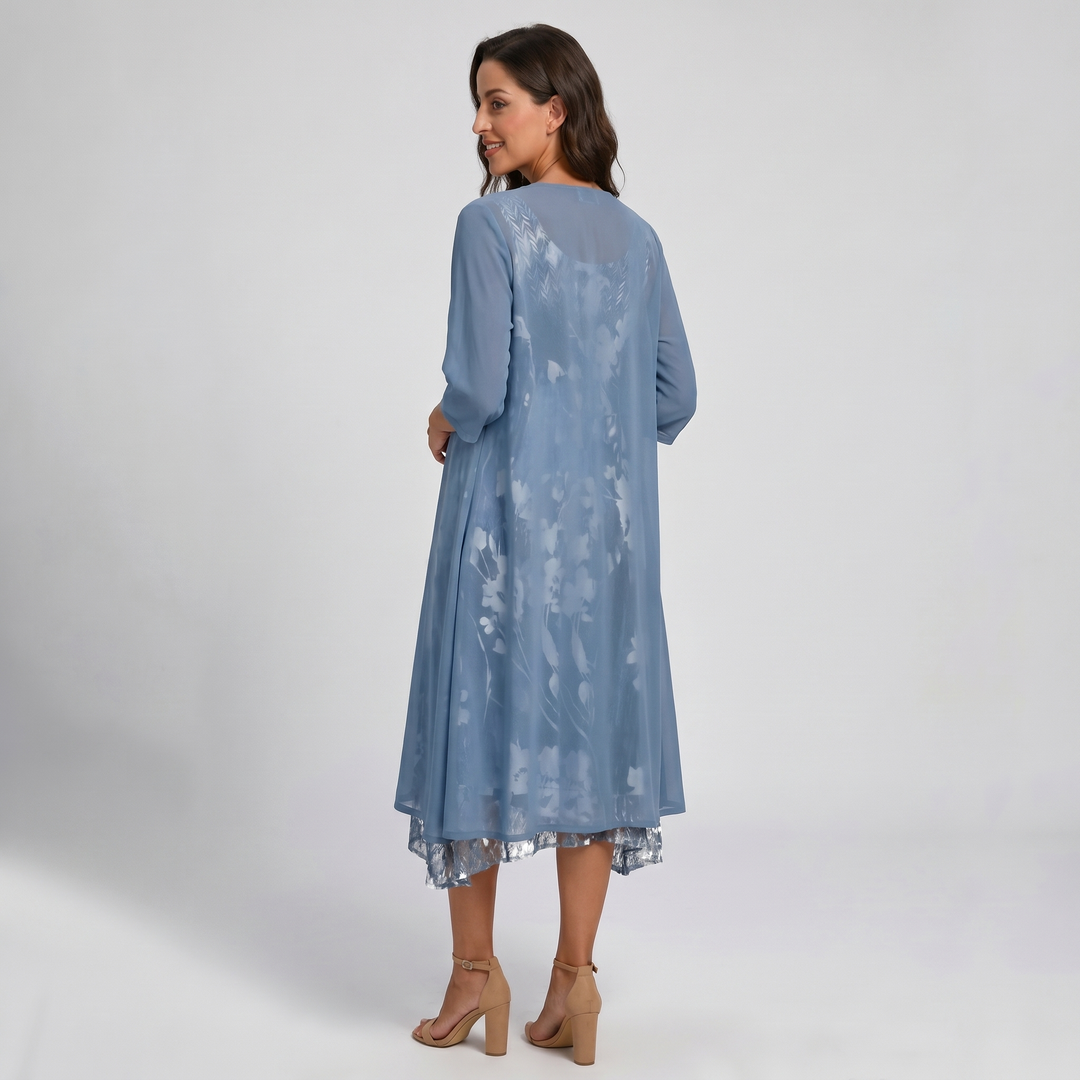 Stylish women's open front duster and midi dress combo. Layered design, perfect for elegant fashion.