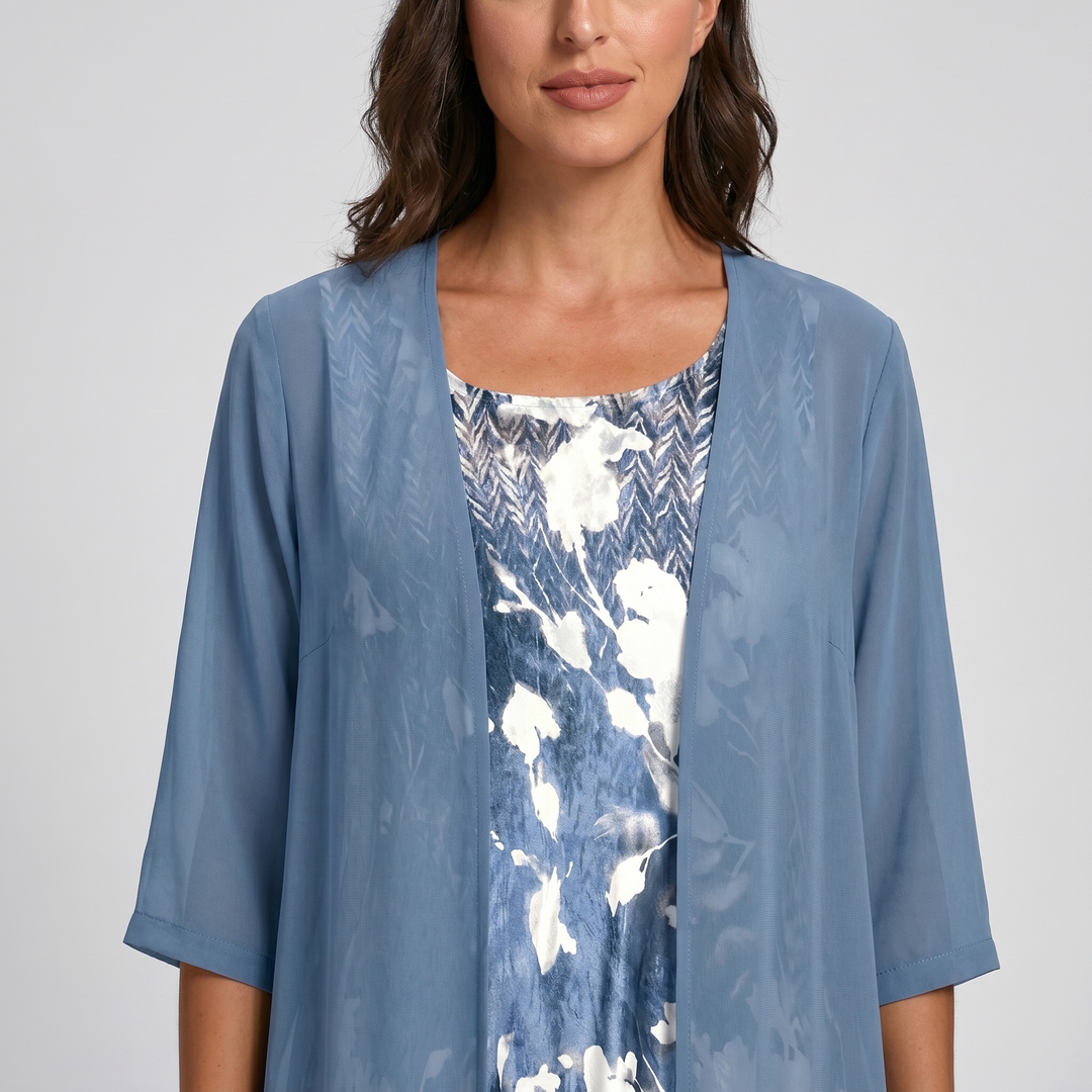 Comfortable women's two-piece midi dress with elegant layered duster. Ideal for spring outfits.