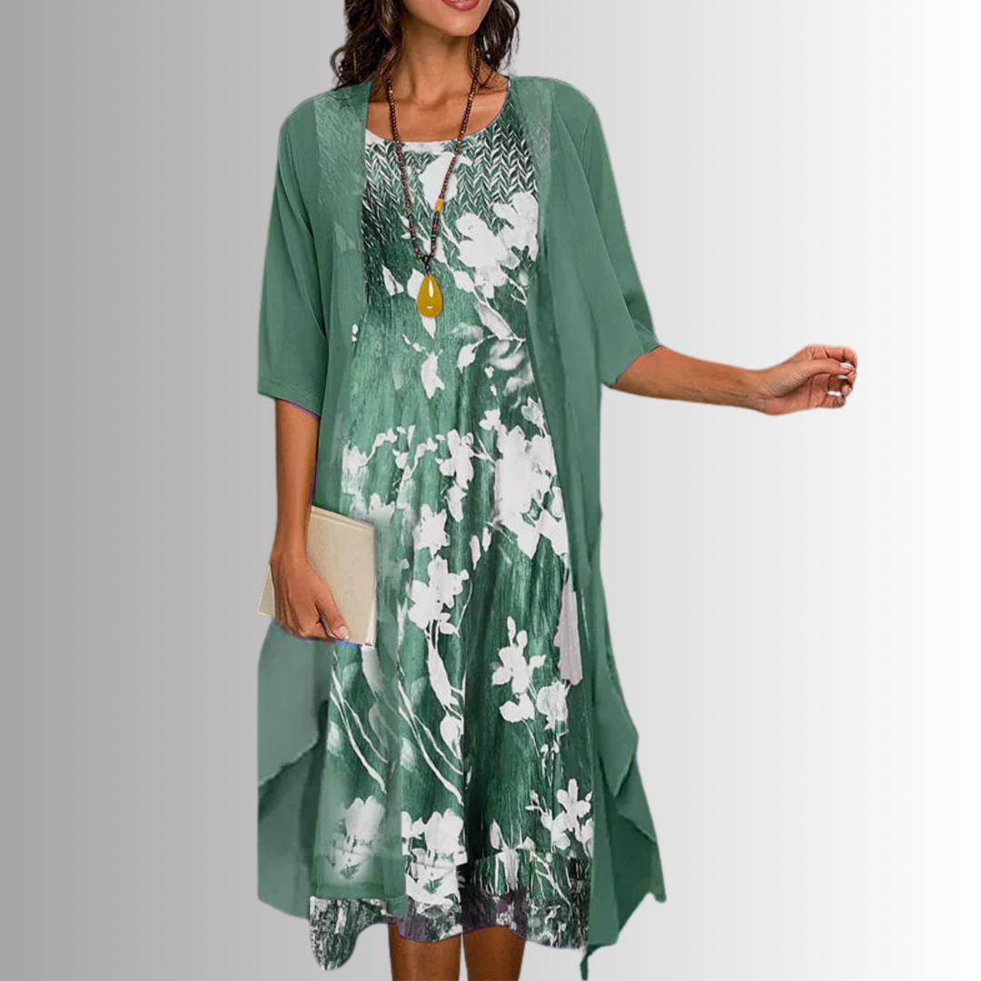 Chic women's layered midi dress & open front duster. Versatile two-piece set for summer style.