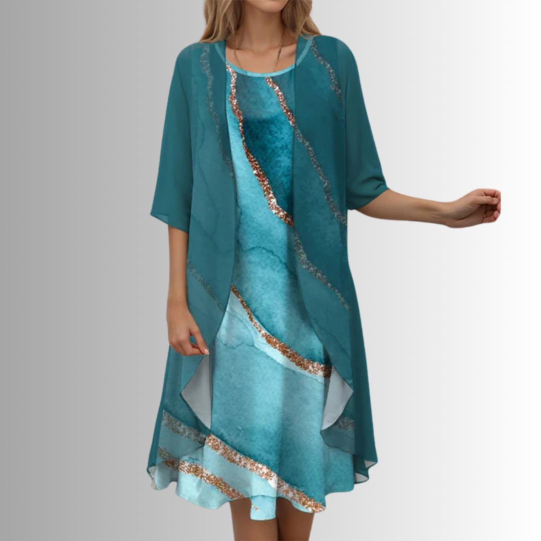 Elegant women's two-piece duster & midi dress. Flowy floral print for spring/summer special occasions.