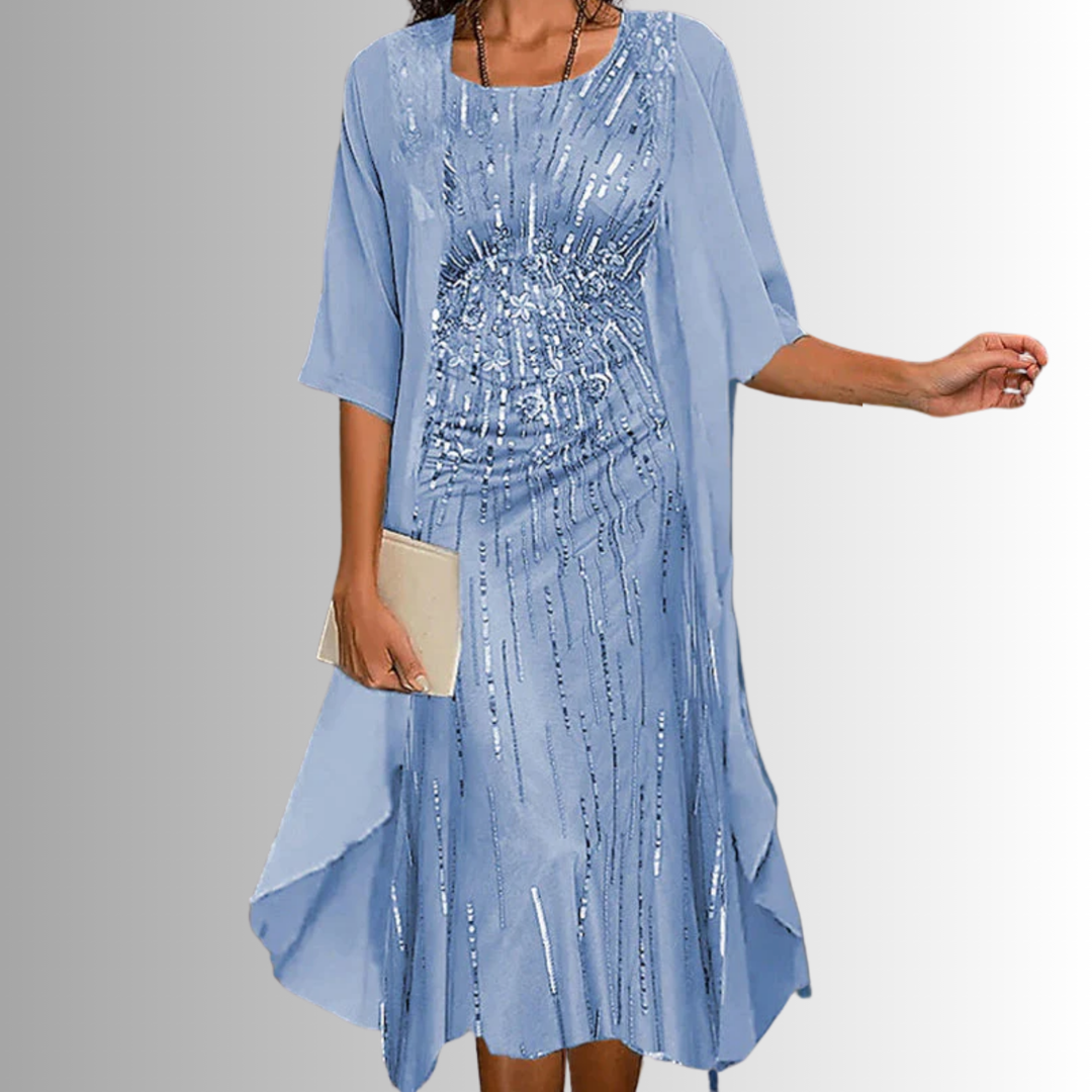 Women's sophisticated layered midi dress with open front duster. Comfortable & stylish elegant fashion.