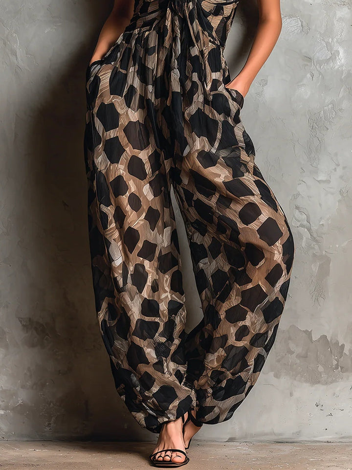 Sleeveless elegant leopard print maxi dress for women, featuring a flattering V-neck wrap design.