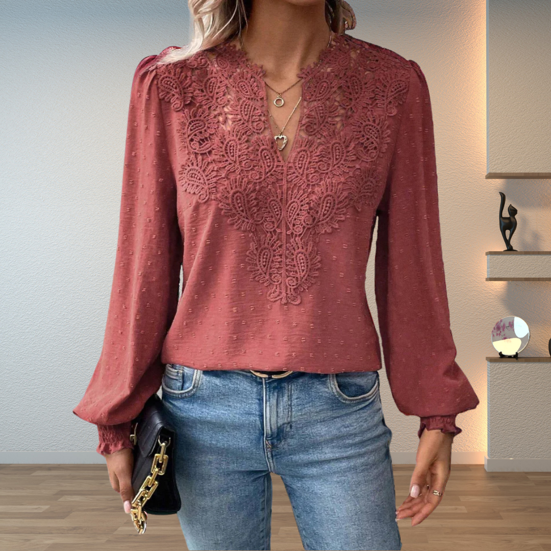Lightweight terracotta women's top with intricate lace details, a v-neck, and long sleeves for a chic look.
