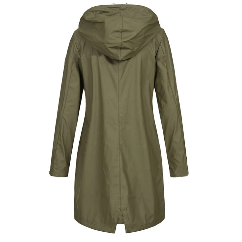 Fashionable long women's autumn coat with a high collar and button tab, an essential piece for fall and winter style.