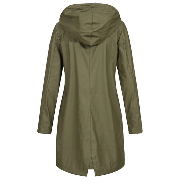 Fashionable long women's autumn coat with a high collar and button tab, an essential piece for fall and winter style.