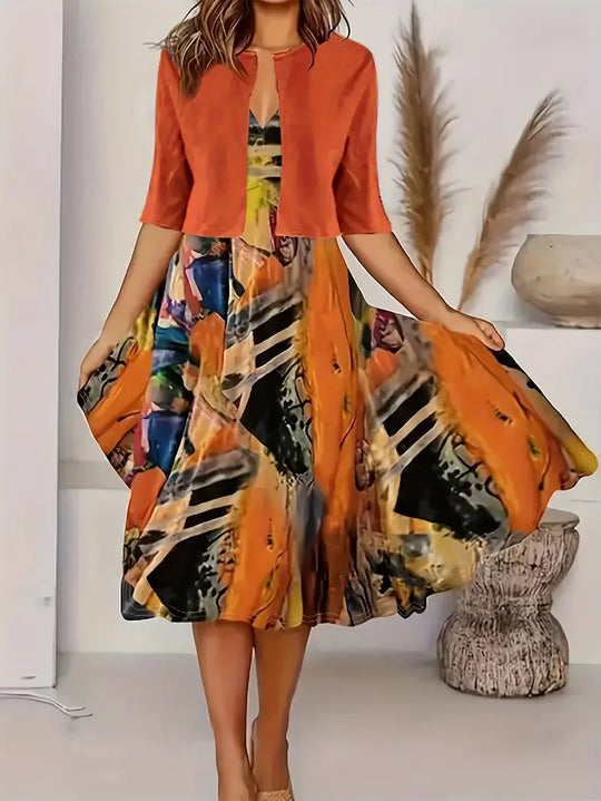 Formal women's long evening dress with an elegant, flowing silhouette.
