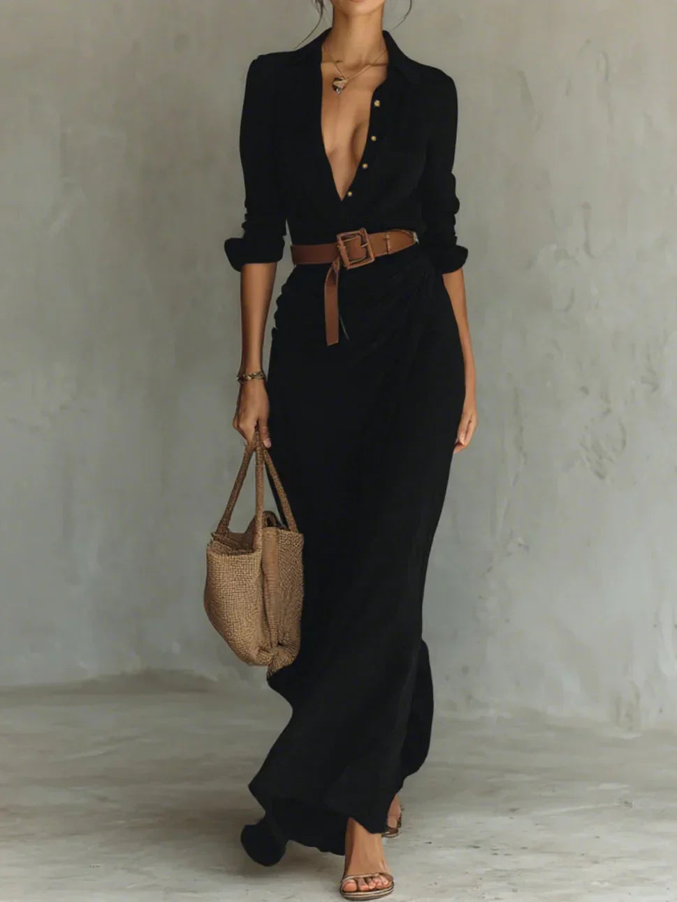 Stylish women's wrap maxi dress, long sleeve with belt, ideal for casual or formal occasions. Modest & chic.