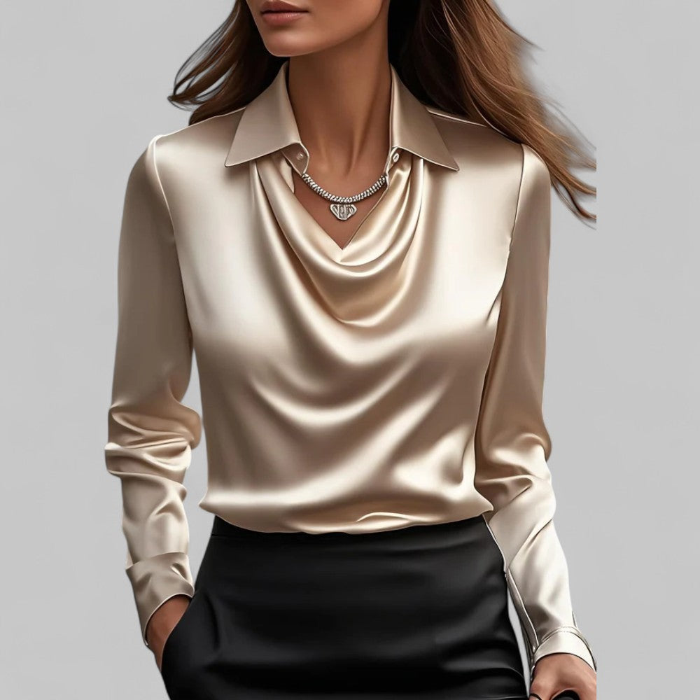 Multi-color women's long sleeve top with a chic draped neck, offering a versatile and fashionable style.