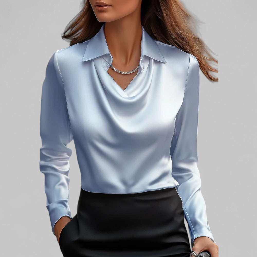 Comfortable yet elegant women's long sleeve blouse with a flattering draped neck, perfect for all-day wear.