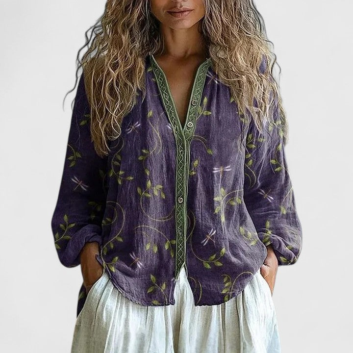 Elegant women's long sleeve blouse with a stylish leaf print, perfect for versatile autumn casual or office wear.