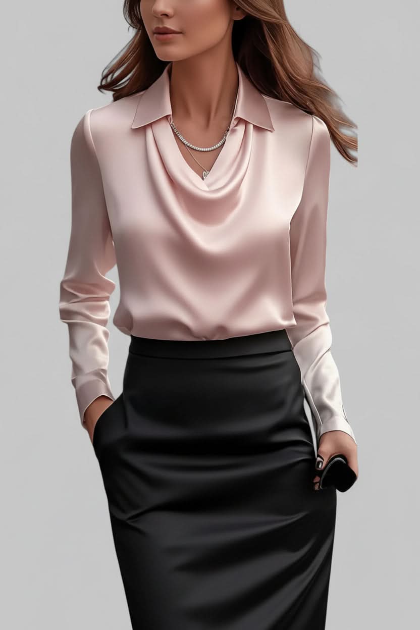 Sophisticated women's draped top, long sleeve and elegant for evening events and fashion apparel.