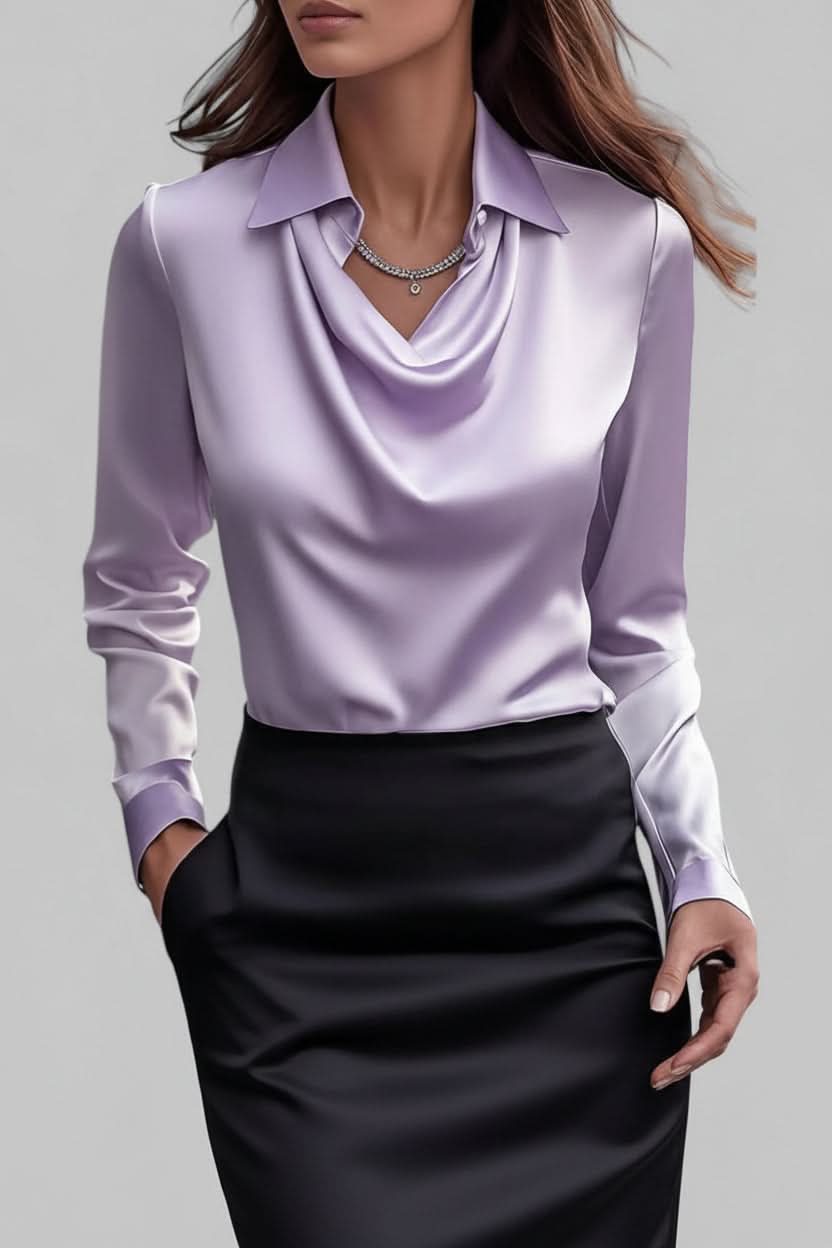Women's elegant long sleeve blouse featuring a stylish draped front, suitable for any occasion.