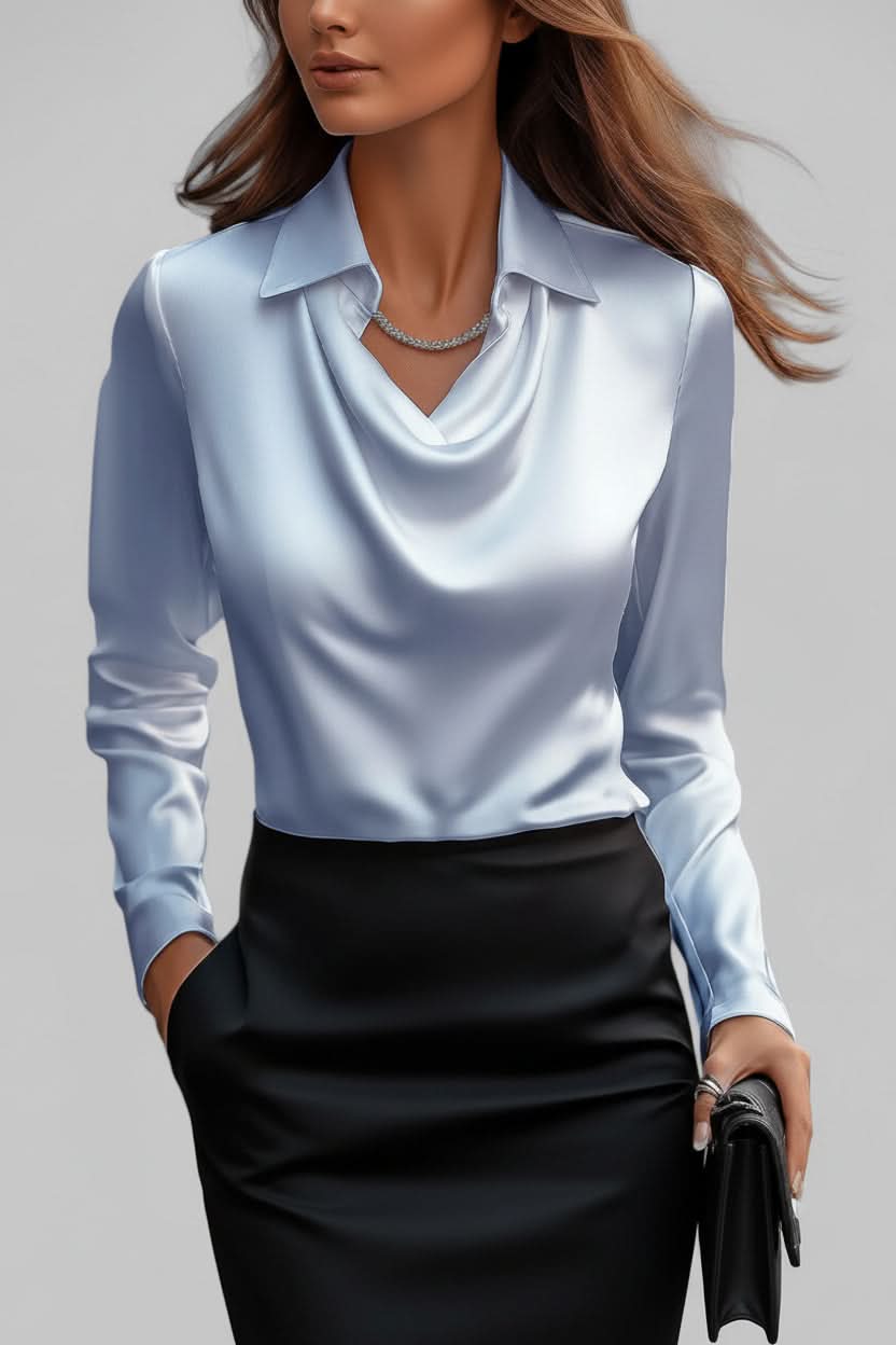 Women's elegant draped long sleeve blouse, a versatile top for chic office or evening wear.