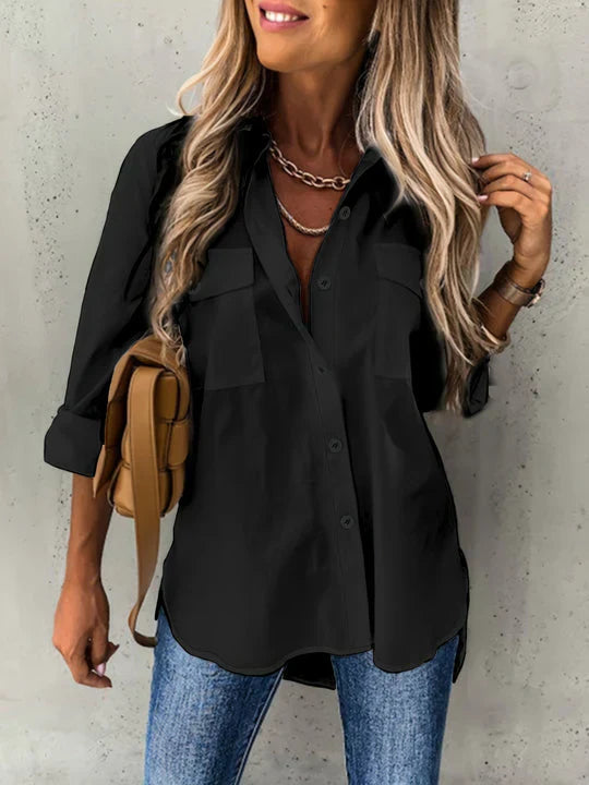 Chic women's relaxed-fit button-up blouse, perfect as a versatile long-sleeve top for officewear or casual autumn style.