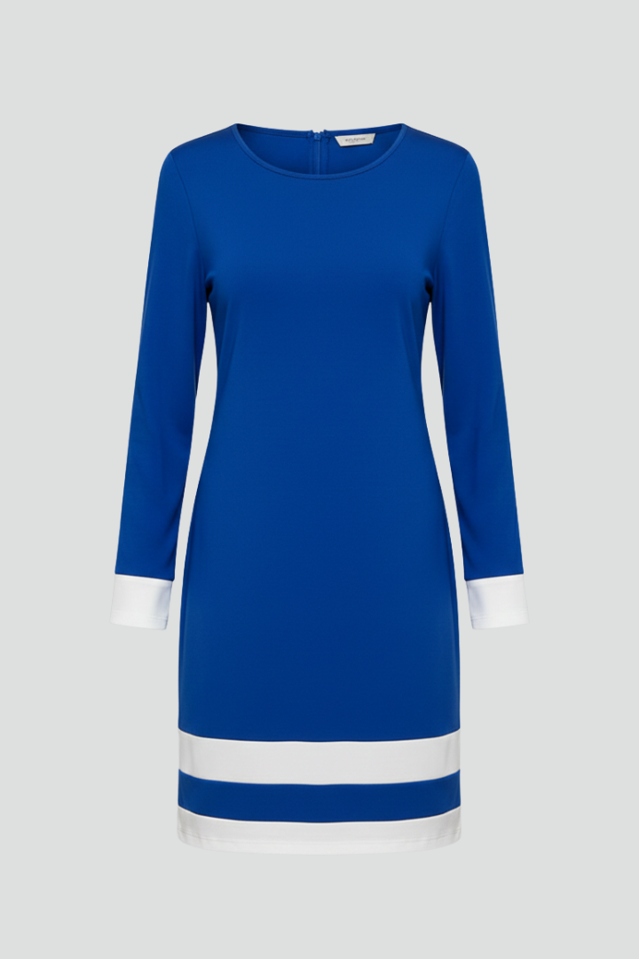 Elegant women's long-sleeve dress with round neck, contrast trim, and knee-length design, perfect for versatile wear.