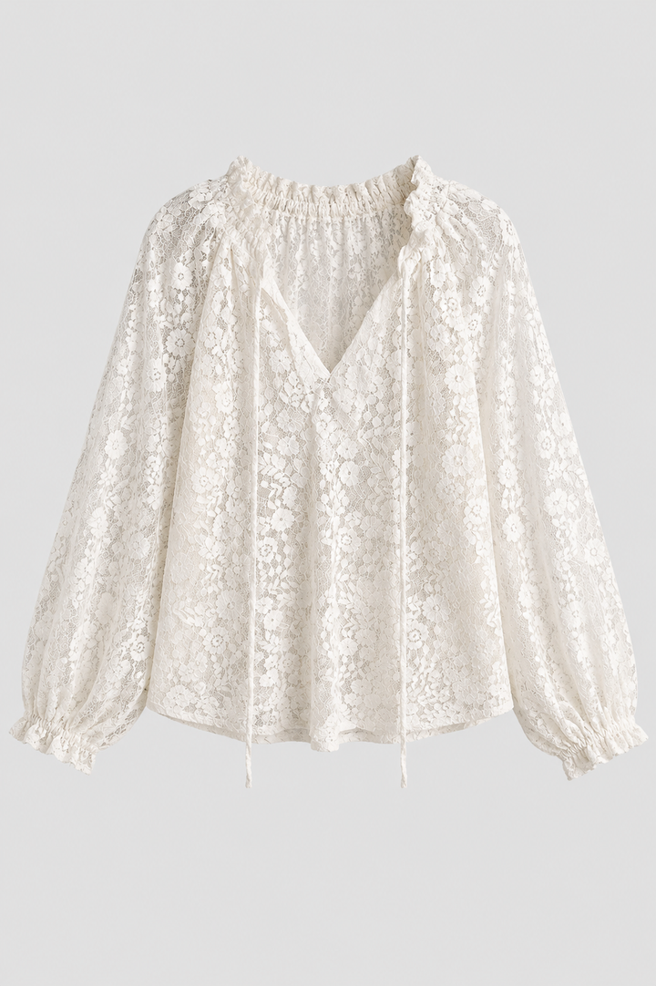 Pink elegant sheer lace blouse for women, featuring a stylish tied neckline and long sleeves.