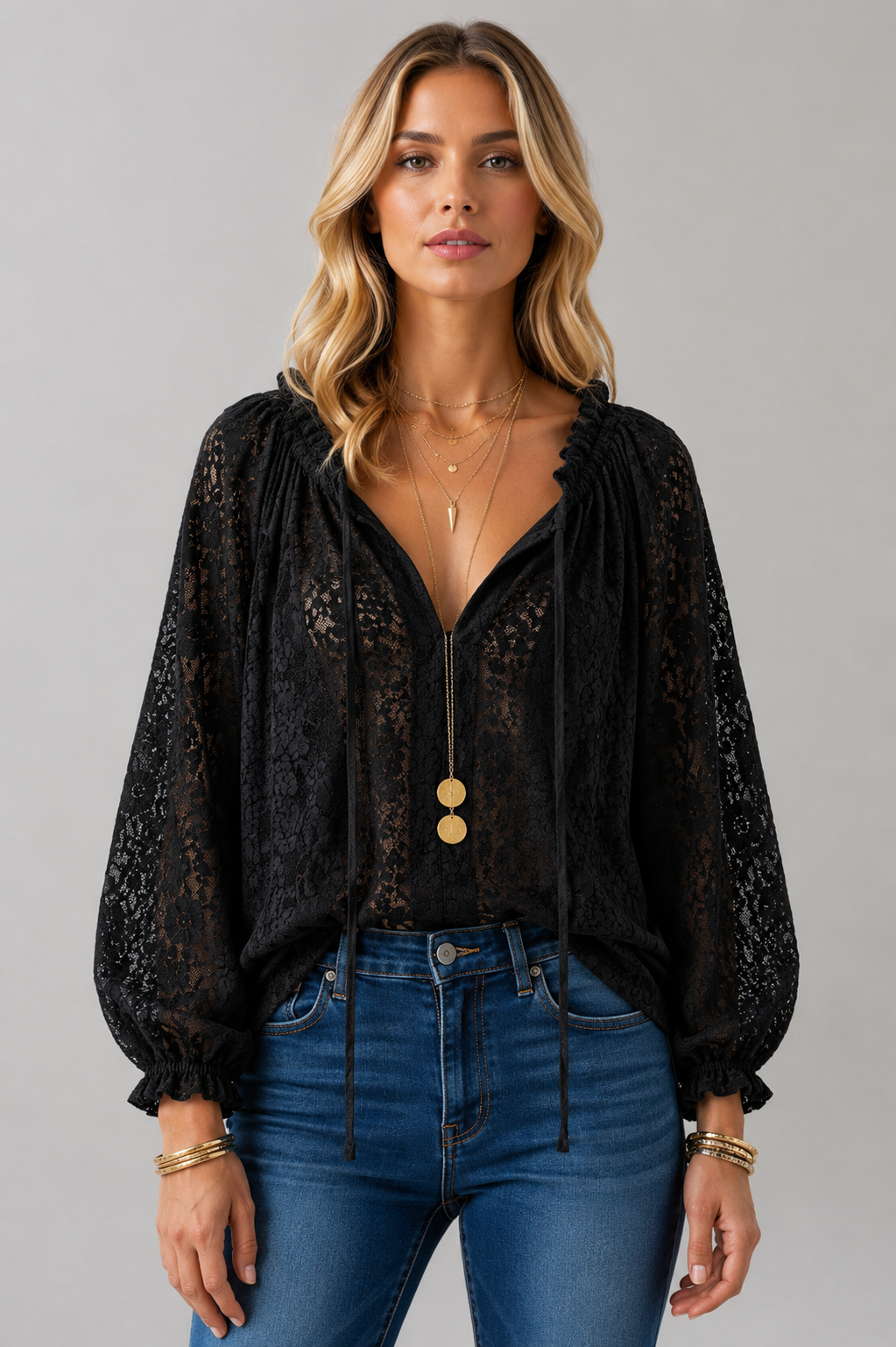 Beige women's casual lace blouse with a tied neckline, long sleeves & sheer fabric. Stylish top.