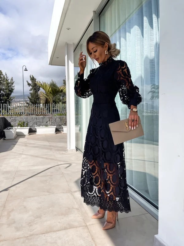 Beautiful women's long sleeve lace midi dress. Elegant and stylish for wedding guests, parties, or cocktail events.