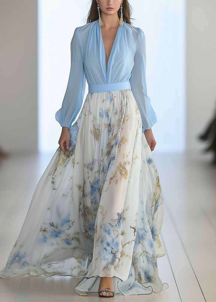 Elegant women's long-sleeve maxi dress with deep V-neck and vibrant floral print skirt, perfect for parties.
