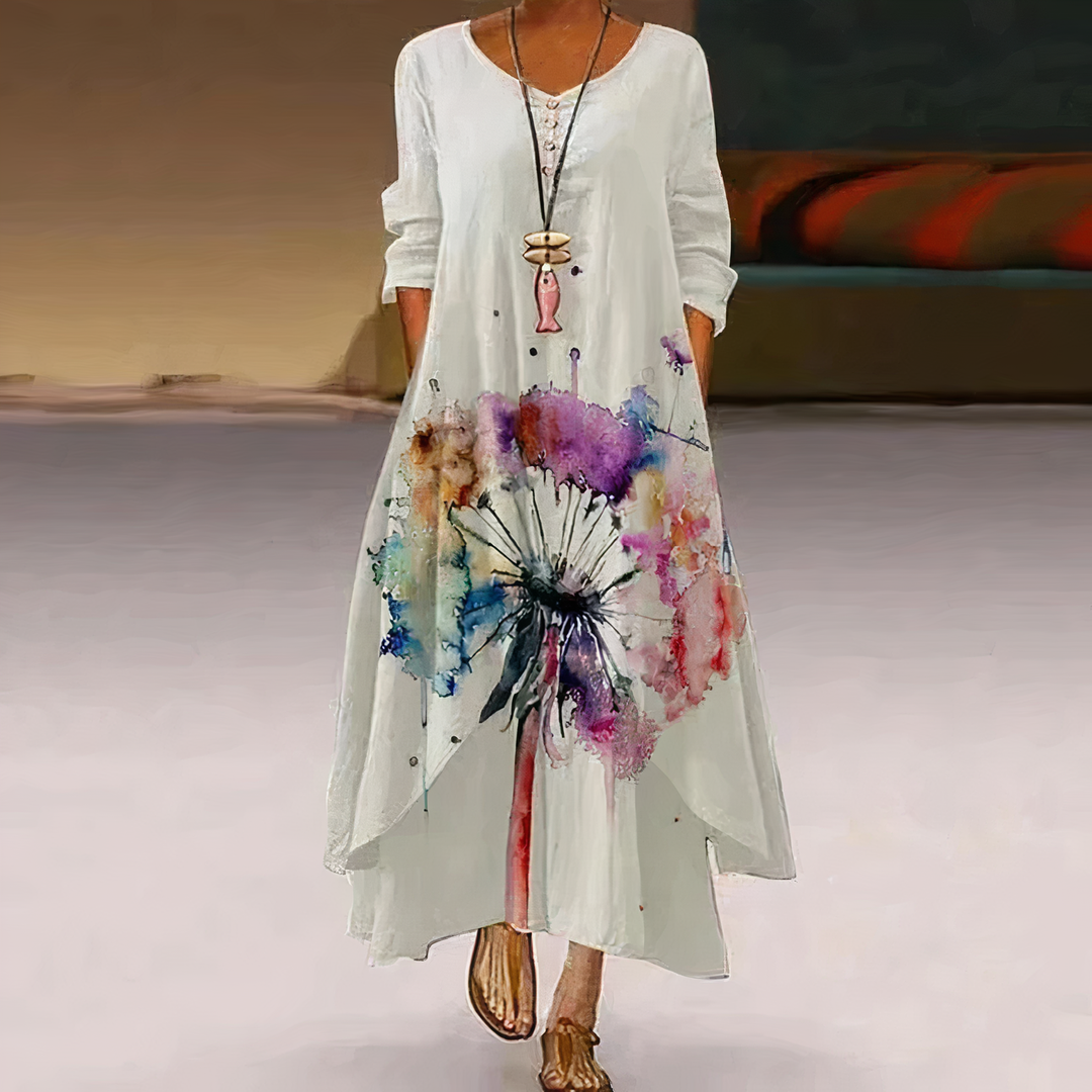 Flowing asymmetric hem midi dress for women, featuring a stunning vibrant print.
