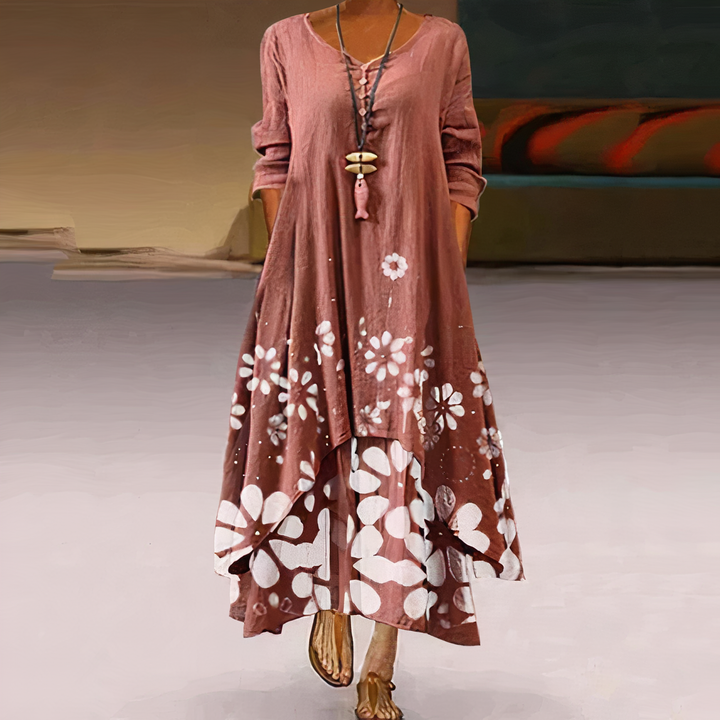Versatile women's long-sleeve midi dress, features an asymmetric hem and vibrant prints.