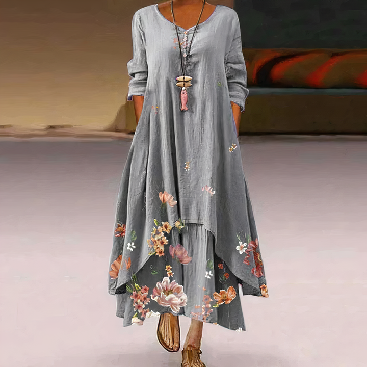 Women's casual printed long-sleeve midi dress, comfortable for everyday wear.