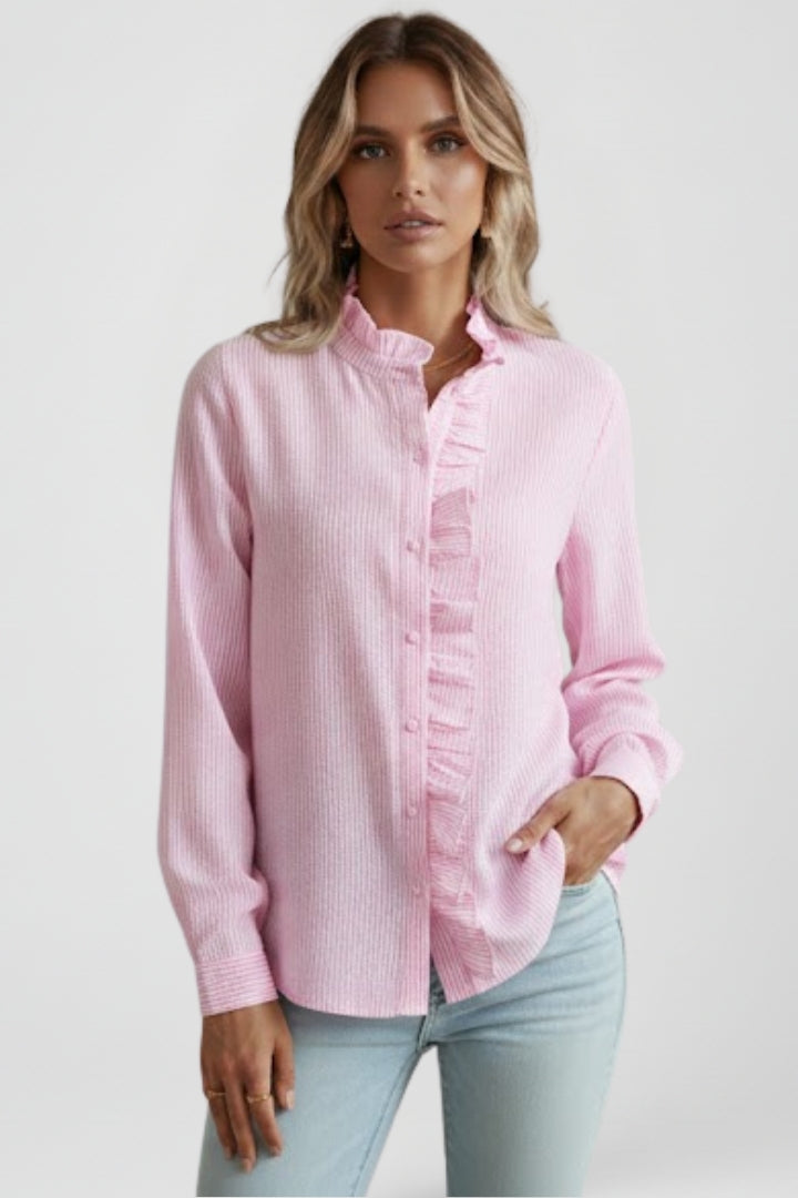 Versatile women's ruffle button-front long sleeve blouse. Elegant for work, chic for casual wear.