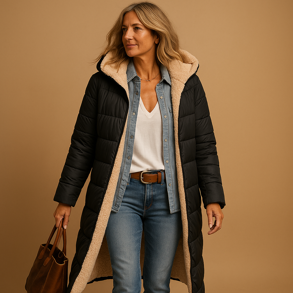 Elegant women's long winter coat in a rich fabric, offering ultimate cold protection & sophisticated style.