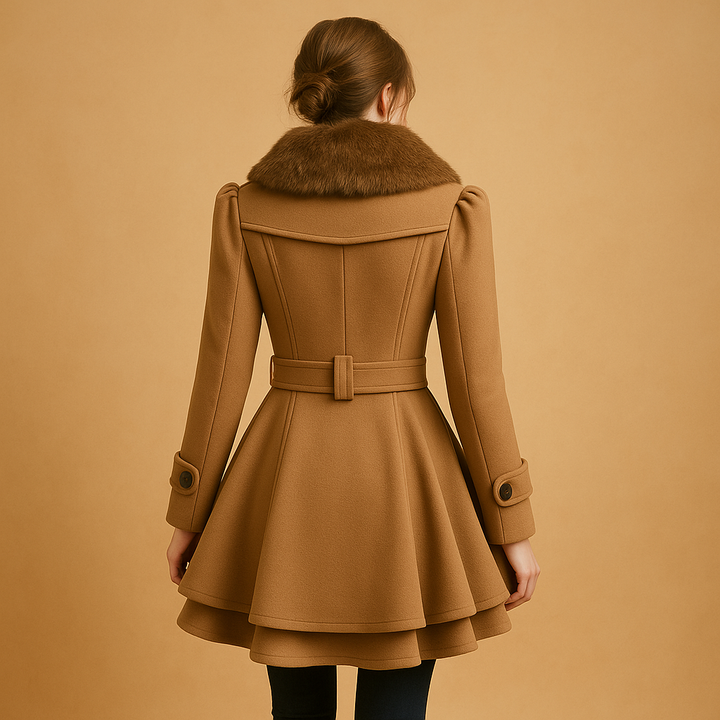 Warm women's long winter coat for cold weather, featuring a chic faux fur collar and elegant design.