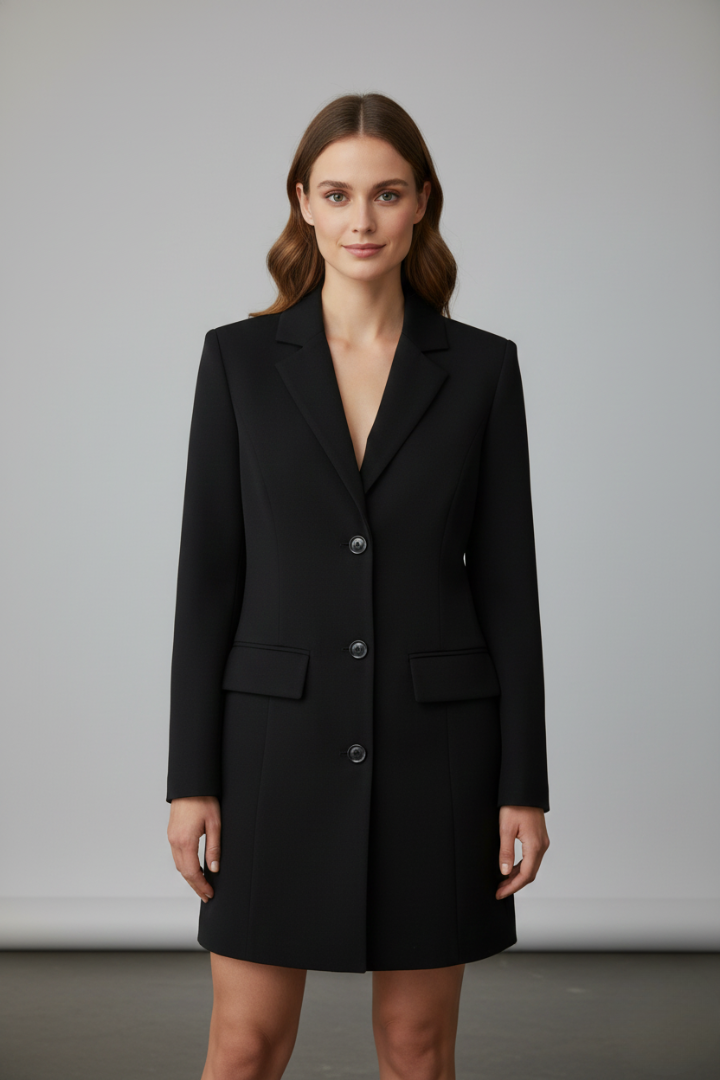 Stylish longline women's blazer, featuring a sophisticated notched lapel & button front. Ideal for workwear & office fashion.